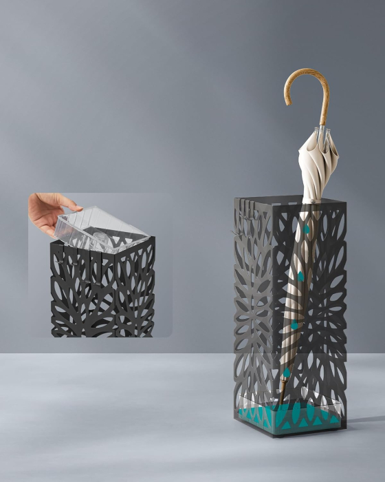 Suport umbrele metalic cu recipient apa, 4 carlige, decupaje geometrice, otel si plastic, 16x16x41 cm, negru [5]