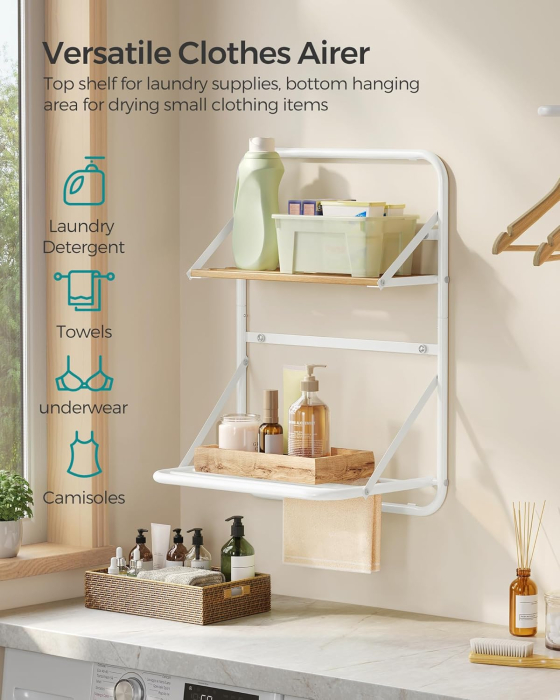 SONGMICS Suport prosoape pliabil de perete, cu 5 bare, polita de depozitare, otel, 26x38x56 cm, alb [4]