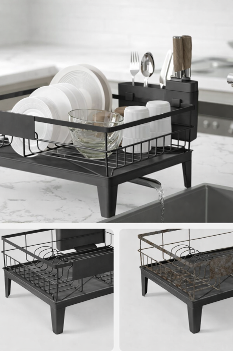 Suport vase metalic, cu tava si scurgere mobila direct in chiuveta, 31x42x19 cm, negru [5]