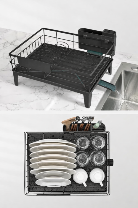 Suport vase metalic, cu tava si scurgere mobila direct in chiuveta, 31x42x19 cm, negru [3]