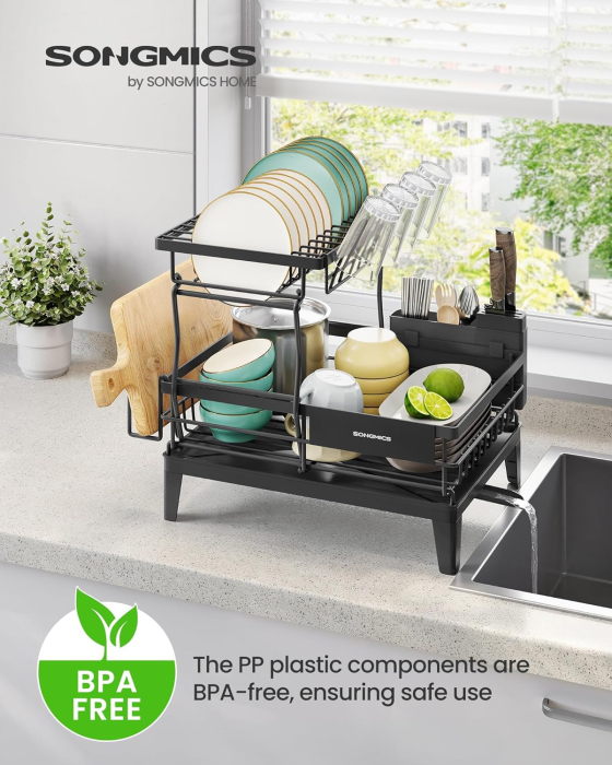 Suport vase metalic pe 2 niveluri si suport tacamuri, cu tava si scurgere mobila direct in chiuveta, 42x31x37 cm, negru [6]