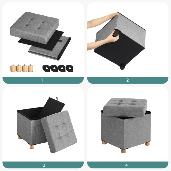 Taburet cu spatiu de depozitare 37 L, pliabil, sezut captusit, picioare din lemn, capacitate 300 kg, 38x38x40 cm, gri deschis [2]