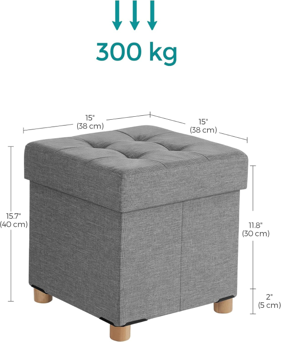 Taburet cu spatiu de depozitare 37 L, pliabil, sezut captusit, picioare din lemn, capacitate 300 kg, 38x38x40 cm, gri deschis [4]