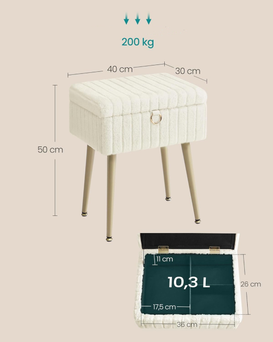 Taburet cu spatiu de depozitare si picioare metalice, tapitat, maxim 200 kg, 40x30x50 cm, alb crem [2]
