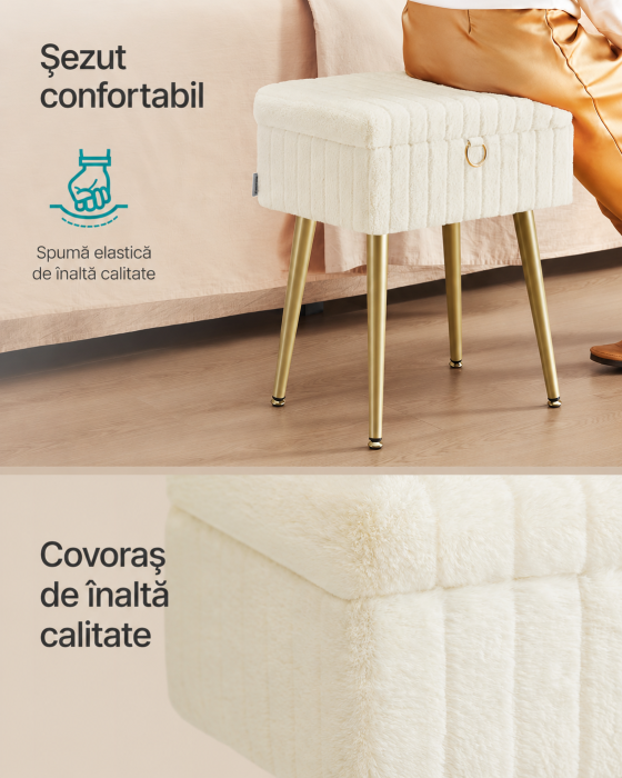 Taburet cu spatiu de depozitare si picioare metalice, tapitat, maxim 200 kg, 40x30x50 cm, alb crem [5]