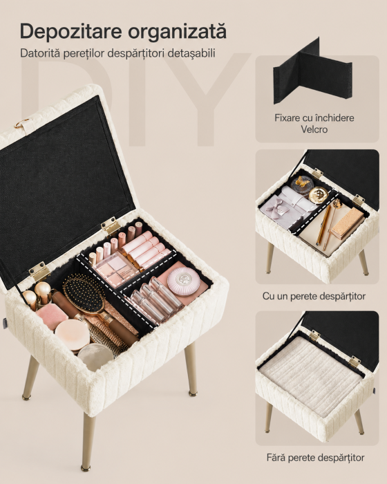 Taburet cu spatiu de depozitare si picioare metalice, tapitat, maxim 200 kg, 40x30x50 cm, alb crem [4]