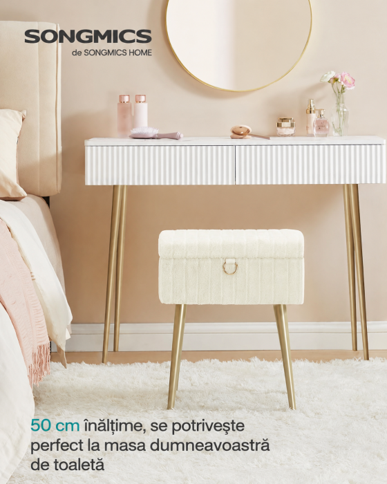 Taburet cu spatiu de depozitare si picioare metalice, tapitat, maxim 200 kg, 40x30x50 cm, alb crem [6]