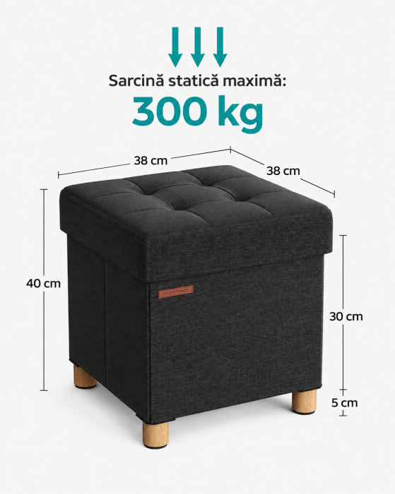 Taburet depozitare cu sezut confortabil, capacitate 300 kg, 37 L, 38x38x40 cm, negru [4]