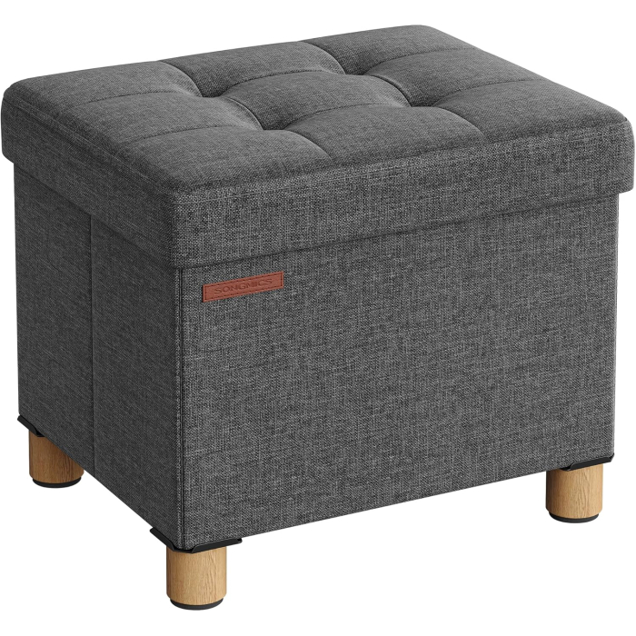 SONGMICS Taburet depozitare pliabil cu picioare din lemn, capitonat cu tesatura tip in, 40x32x34 cm, gri inchis [1]