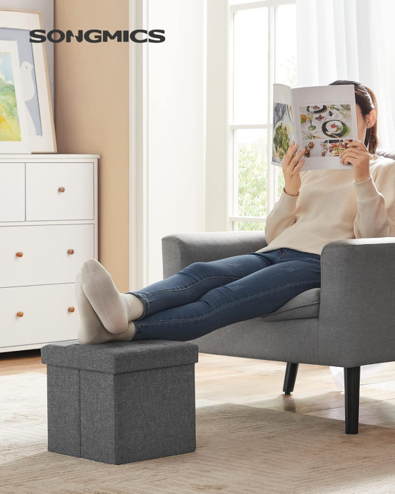 Taburet pliabil 30x30x30 cm, cu spatiu de depozitare, capac tapitat, MDF si imitatie in, gri [2]