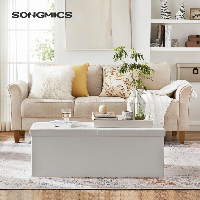 SONGMICS Taburet pliabil cu sezut moale, spatiu de depozitare 120litri, maxim 300kg, 110x38x38cm, alb [4]