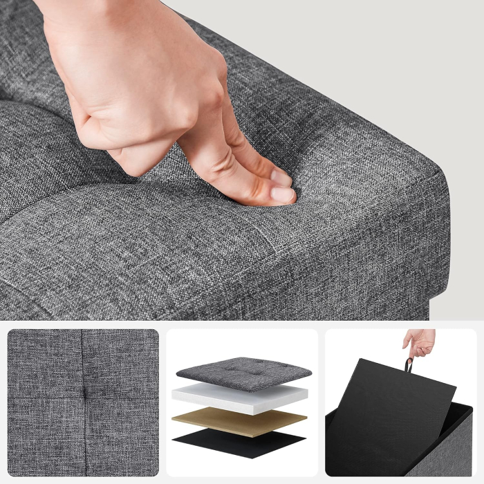 SONGMICS Taburet pliabil cu sezut moale, spatiu de depozitare 120litri, maxim 300kg, 110x38x38cm, gri [3]