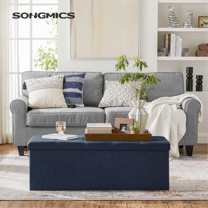 Taburet pliabil cu sezut moale, spatiu de depozitare 131litri, maxim 300kg, 110x38x38cm, albastru inchis [2]