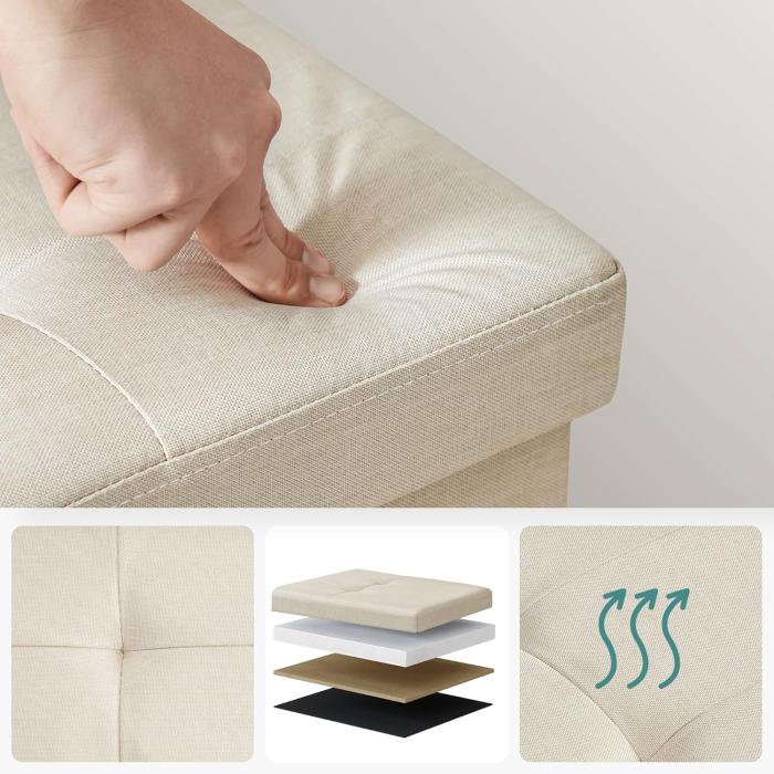 Taburet pliabil cu sezut moale, spatiu de depozitare 131litri, maxim 300kg, 110x38x38cm, crem [8]