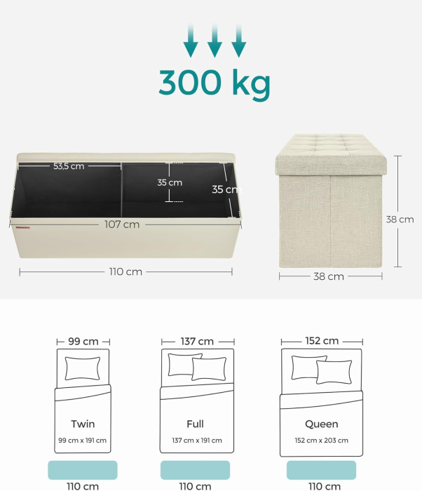 Taburet pliabil cu sezut moale, spatiu de depozitare 131litri, maxim 300kg, 110x38x38cm, crem [3]