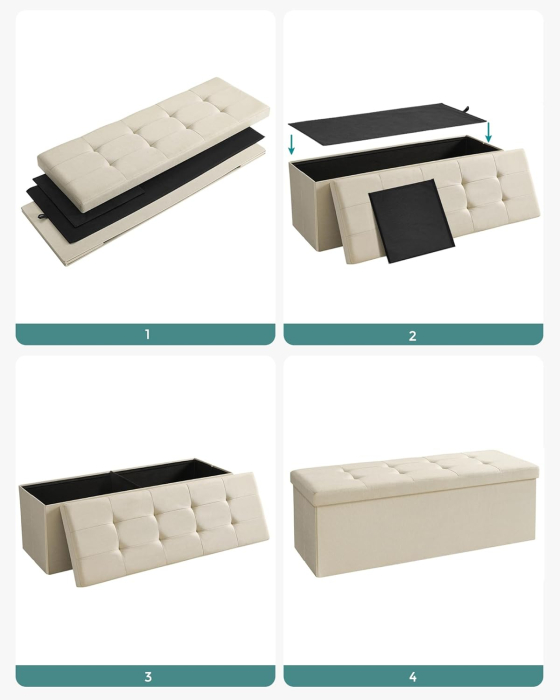 Taburet pliabil cu sezut moale, spatiu de depozitare 131litri, maxim 300kg, 110x38x38cm, crem [2]