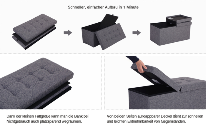 SONGMICS Taburet pliabil cu sezut moale, spatiu de depozitare 80litri, maxim 300kg, 76x38x38cm, gri [10]