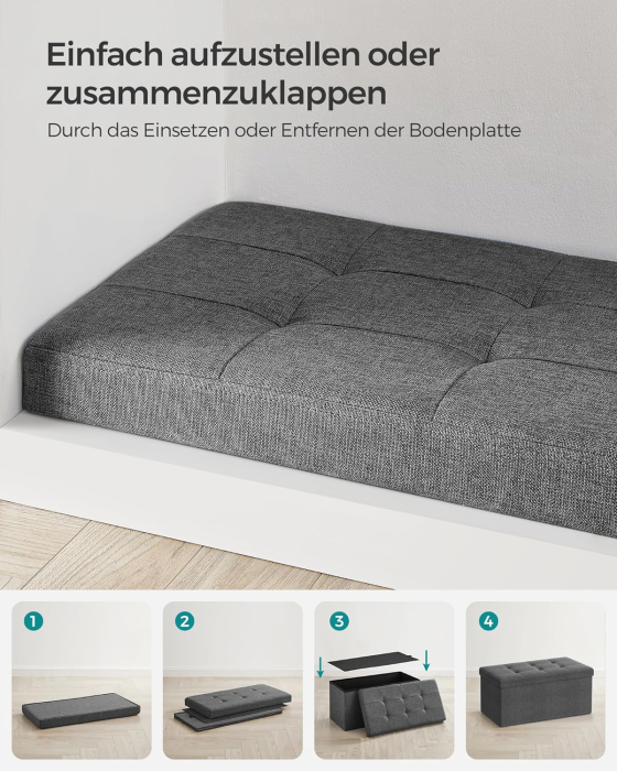 Taburet pliabil cu sezut moale, spatiu de depozitare 80litri, maxim 300kg, 76x38x38cm, gri inchis [5]