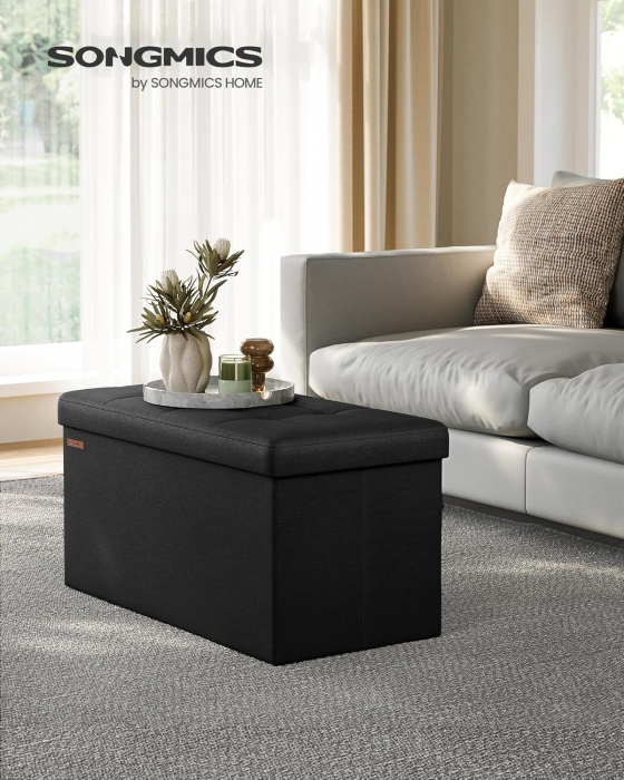 Taburet pliabil cu sezut moale, spatiu de depozitare 89 litri, maxim 300kg, 76x38x38 cm, negru [2]