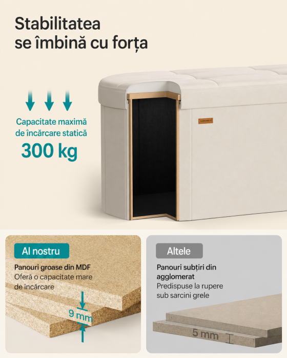 Taburet pliabil oval cu spatiu de depozitare 110 L, finisaj catifea, 2 separatoare interioare, 110x38x38 cm, cappuccino bej [7]