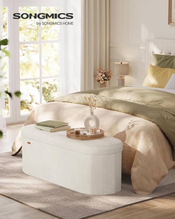 Taburet pliabil oval cu spatiu de depozitare 110 L, finisaj catifea, 2 separatoare interioare, 110x38x38 cm, cappuccino bej [2]