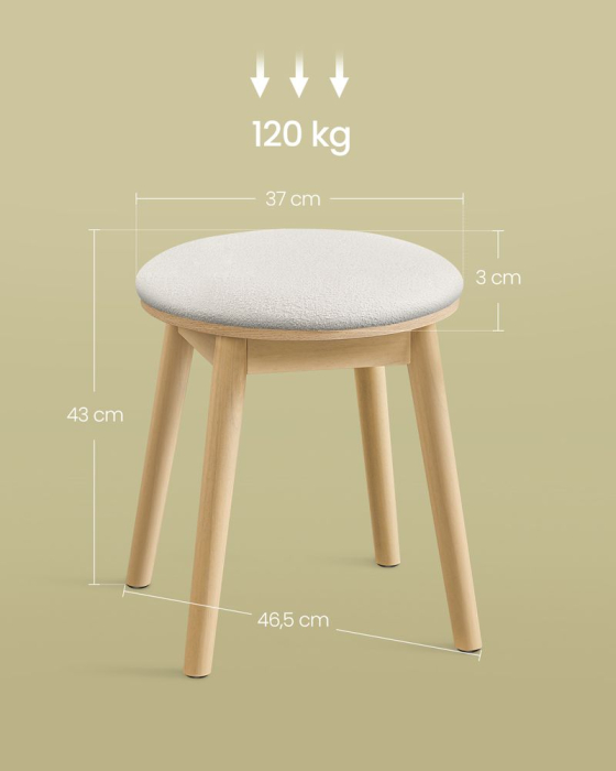 SONGMICS Taburet rotund boho cu picioare din lemn si sezut moale, 37x37x43 cm, alb crem [4]