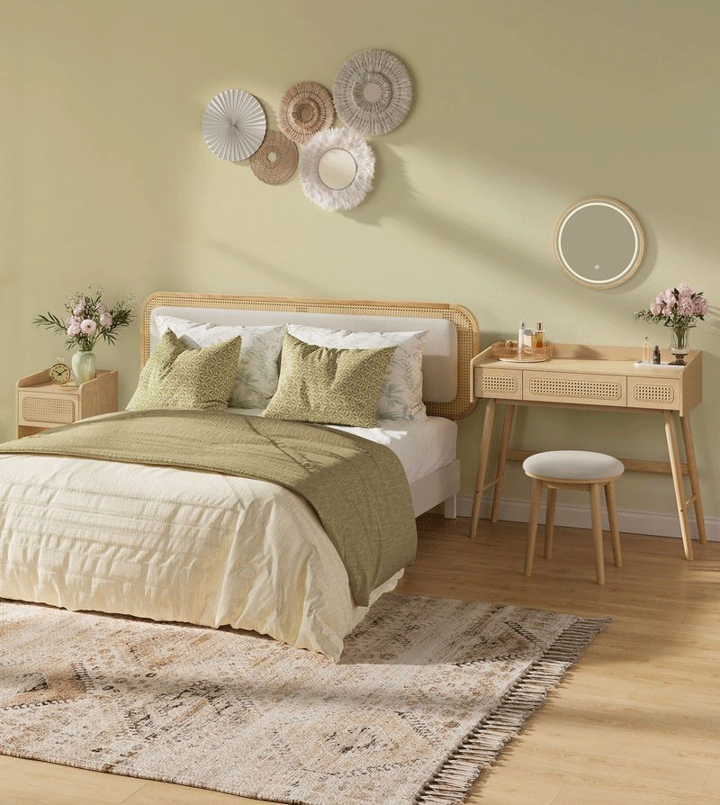 SONGMICS Taburet rotund boho cu picioare din lemn si sezut moale, 37x37x43 cm, alb crem [2]