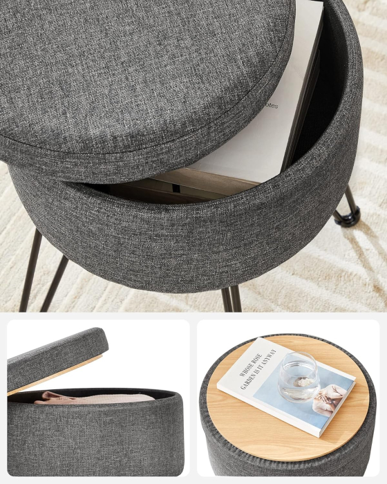 Taburet rotund cu spatiu de depozitare, capac reversibil, picioare metalice, 31x37x45 cm, maxim 130 kg, gri inchis [6]