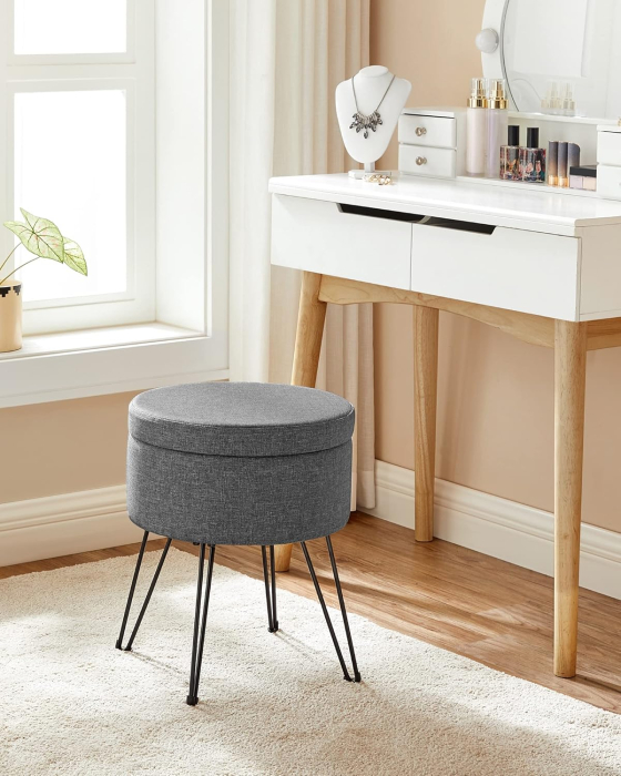 Taburet rotund cu spatiu de depozitare, capac reversibil, picioare metalice, 31x37x45 cm, maxim 130 kg, gri inchis [5]
