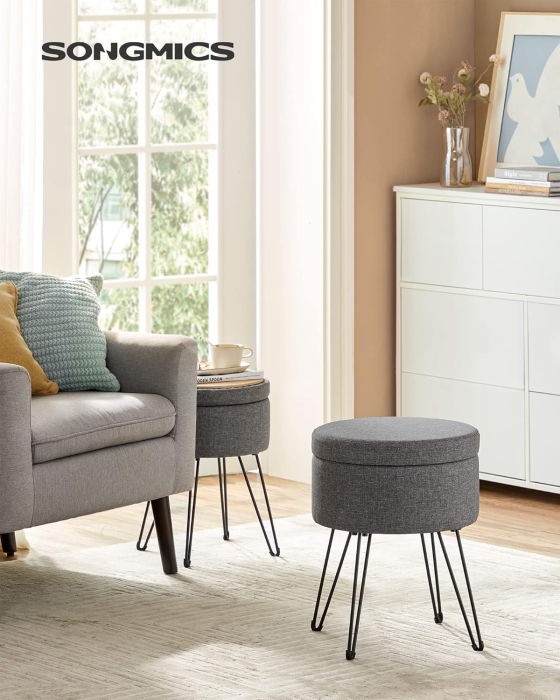 Taburet rotund cu spatiu de depozitare, capac reversibil, picioare metalice, 31x37x45 cm, maxim 130 kg, gri inchis [3]