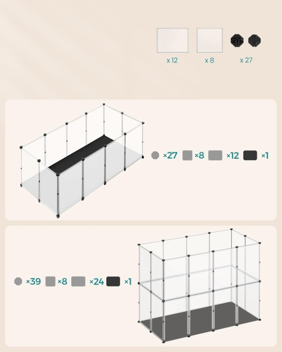 Tarc animale mici modular placi baza covoras impermeabil, 145x73x57 cm, design deschis, transparent [8]