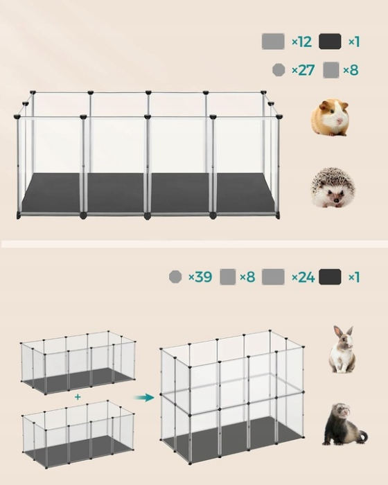 Tarc animale mici modular placi baza covoras impermeabil, 145x73x57 cm, design deschis, transparent [6]