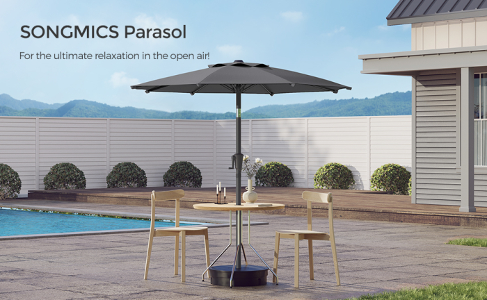 SONGMICS Umbrela de gradina, cu manivela pentru deschidere, sistem inclinare, 200cm, gri [12]