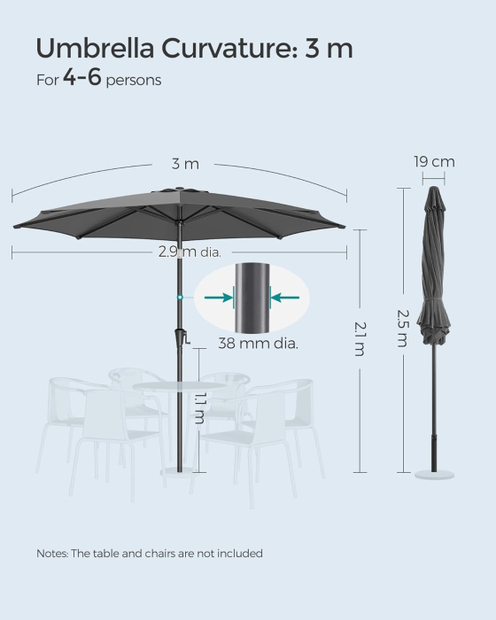 Umbrela gradina cu manivela si sistem inclinare 30, poliester 180g/m2 UPF 50+, stalp metalic, D300 cm, gri [8]
