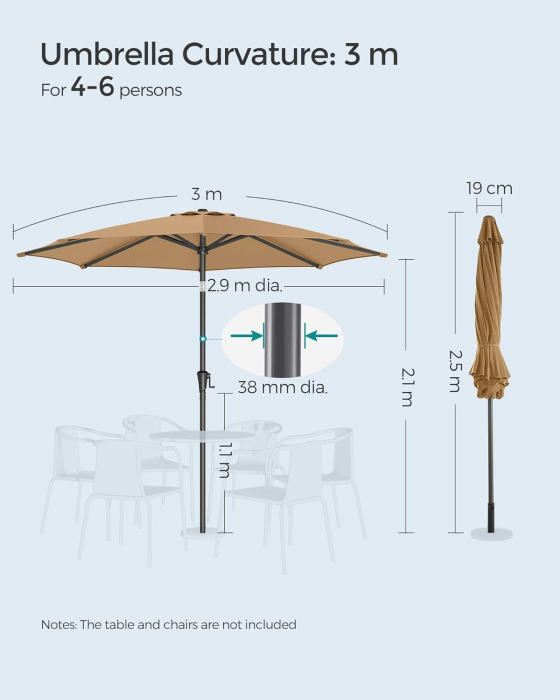 Umbrela de gradina, cu manivela pentru deschidere, sistem inclinare, 300cm, taupe [6]