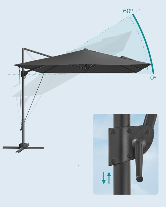 Umbrela de gradina cu manivela tip pendul 270x270 cm, UPF 50+, rotire 360Â°, inclinare reglabila, gri [6]
