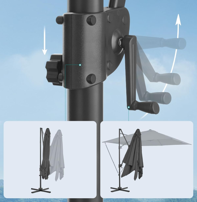 Umbrela de gradina cu manivela tip pendul 270x270 cm, UPF 50+, rotire 360Â°, inclinare reglabila, gri [3]