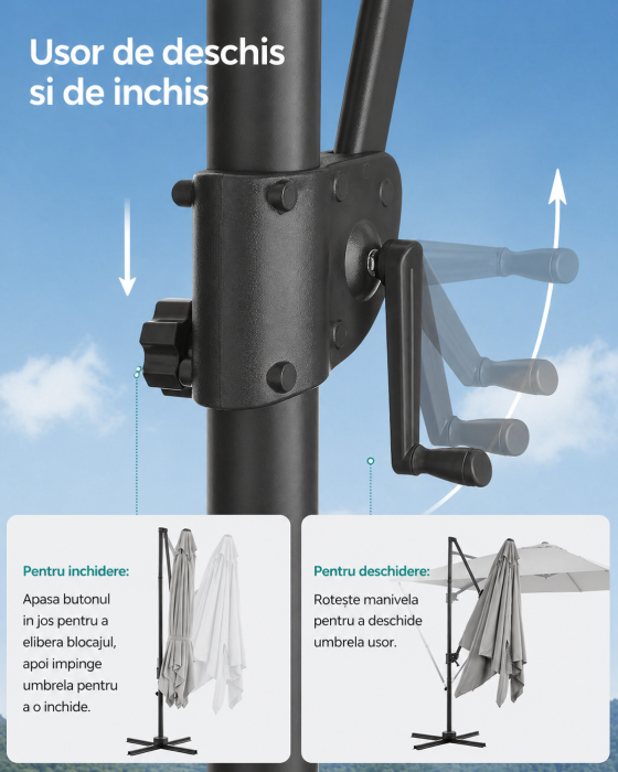 Umbrela de gradina cu manivela tip pendul 270x270 cm, UPF 50+, rotire 360Â°, inclinare reglabila, gri deschis [4]