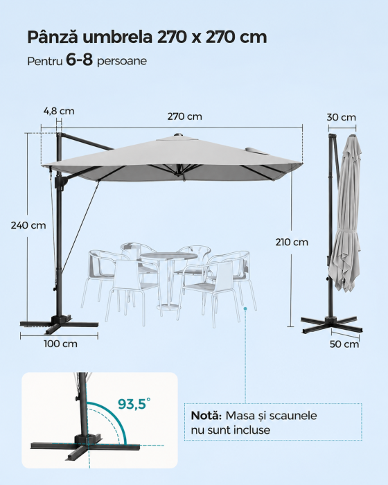 Umbrela de gradina cu manivela tip pendul 270x270 cm, UPF 50+, rotire 360Â°, inclinare reglabila, gri deschis [5]
