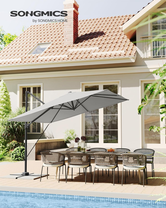 Umbrela de gradina cu manivela tip pendul 270x270 cm, UPF 50+, rotire 360Â°, inclinare reglabila, gri deschis [2]