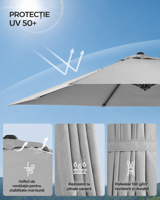 Umbrela de gradina cu manivela tip pendul 270x270 cm, UPF 50+, rotire 360Â°, inclinare reglabila, gri deschis [6]