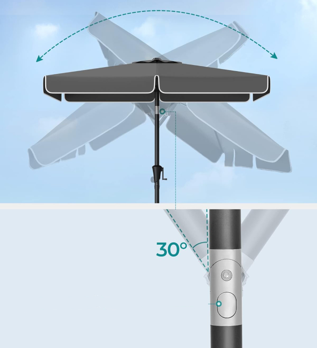 Umbrela terasa dreptunghiulara cu manivela si inclinare 30, poliester 180g/m2 UPF 50+, 200x150 cm, gri [6]