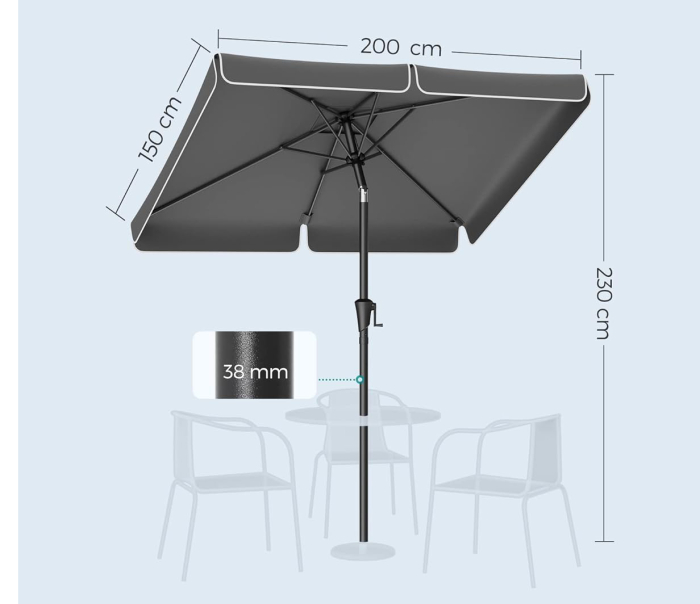 Umbrela terasa dreptunghiulara cu manivela si inclinare 30, poliester 180g/m2 UPF 50+, 200x150 cm, gri [7]