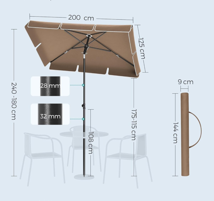Umbrela terasa gradina sau plaja, cu inclinare 2 directii, protectie UV UPF 50+, husa inclusa, 200x125cm, maro taupe [5]