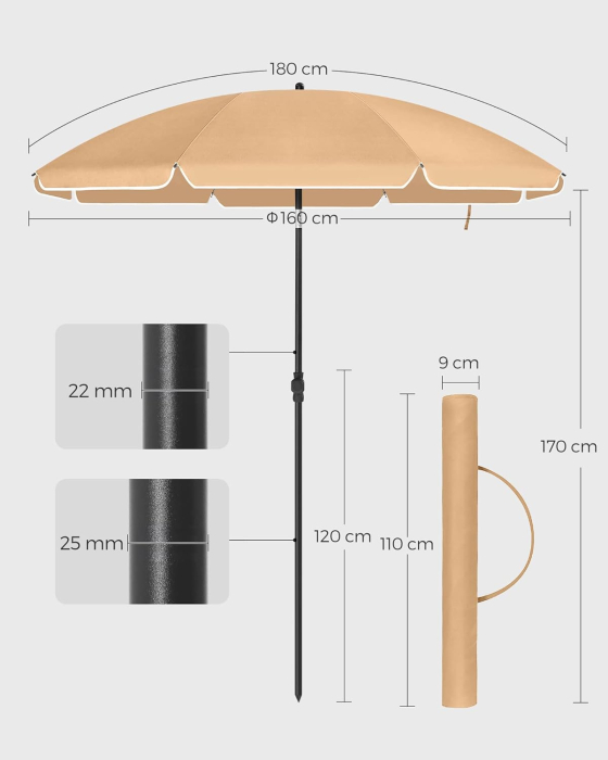 Umbrela terasa sau plaja cu inclinare si husa protectie, diametru 160 cm, taupe [3]