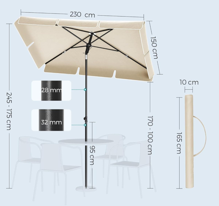 Umbrela terasa sau gradina reglabila, inclinare 2 directii, protectie UV UPF 50+, husa inclusa, 230x150 cm, bej [4]
