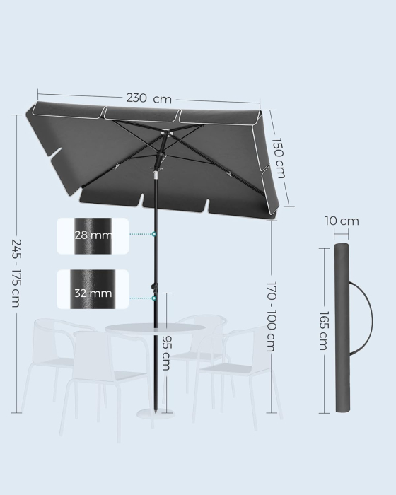 Umbrela terasa sau gradina reglabila, inclinare 2 directii, protectie UV UPF 50+, husa inclusa, 230x150 cm, gri [4]