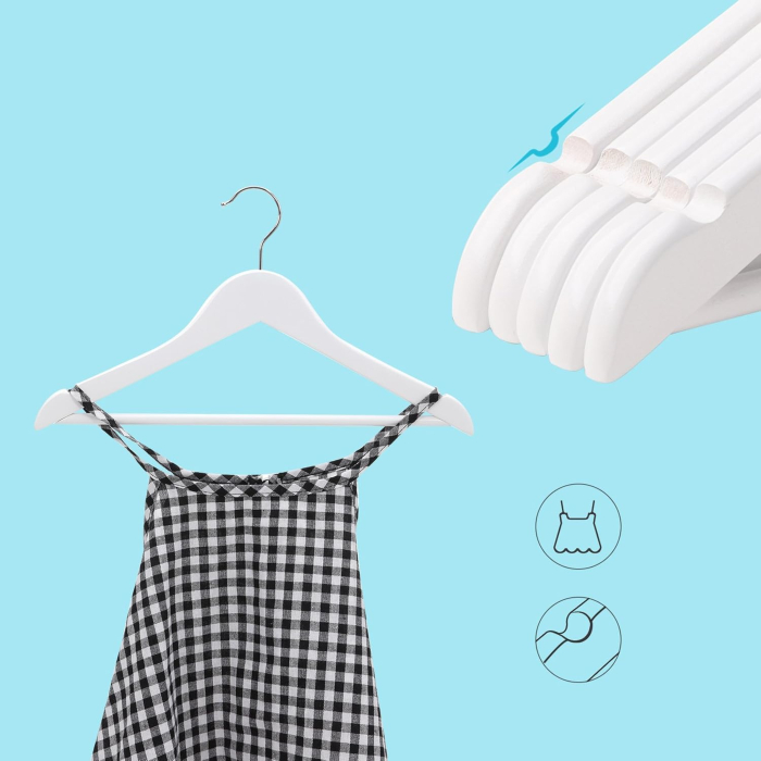 SONGMICS Umerase copii 35x20 cm, set 20 buc, lemn masiv cu bara pentru pantaloni si carlig rotativ, alb [4]