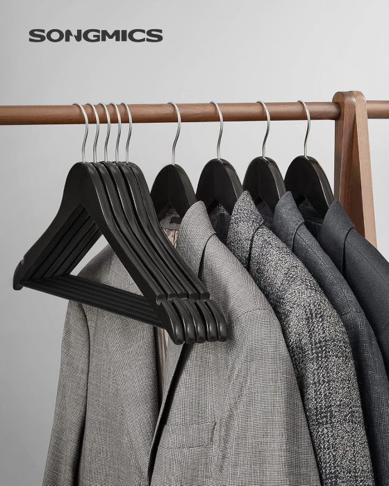 SONGMICS Umerase haine 45x23 cm, set 20 buc, lemn masiv cu bara pentru pantaloni si carlig rotativ, negru [2]