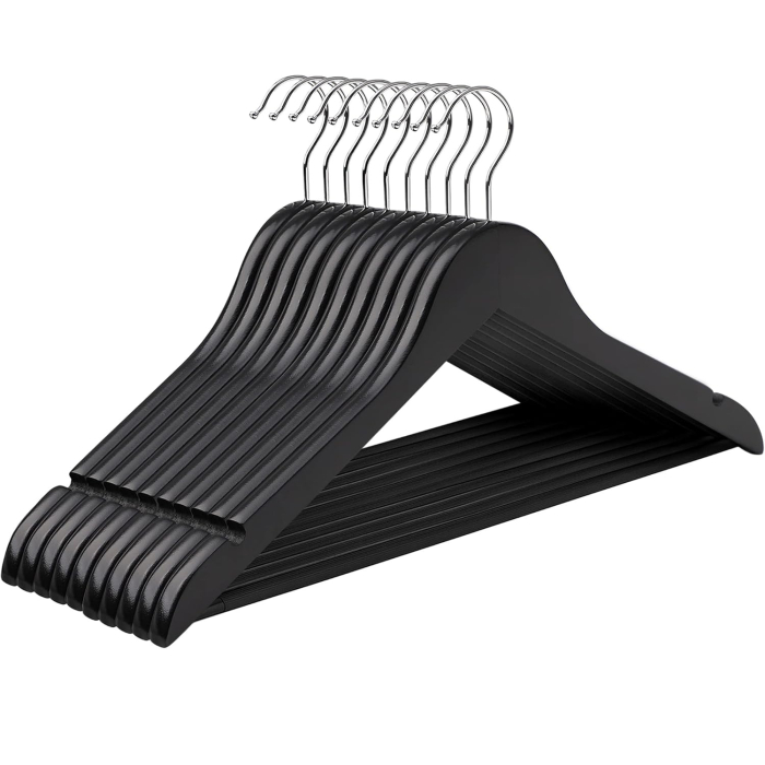 SONGMICS Umerase lemn set 10 bucati, cu bara pantalon antialunecare, carlig rotativ 360°, 45x23 cm, negru [1]